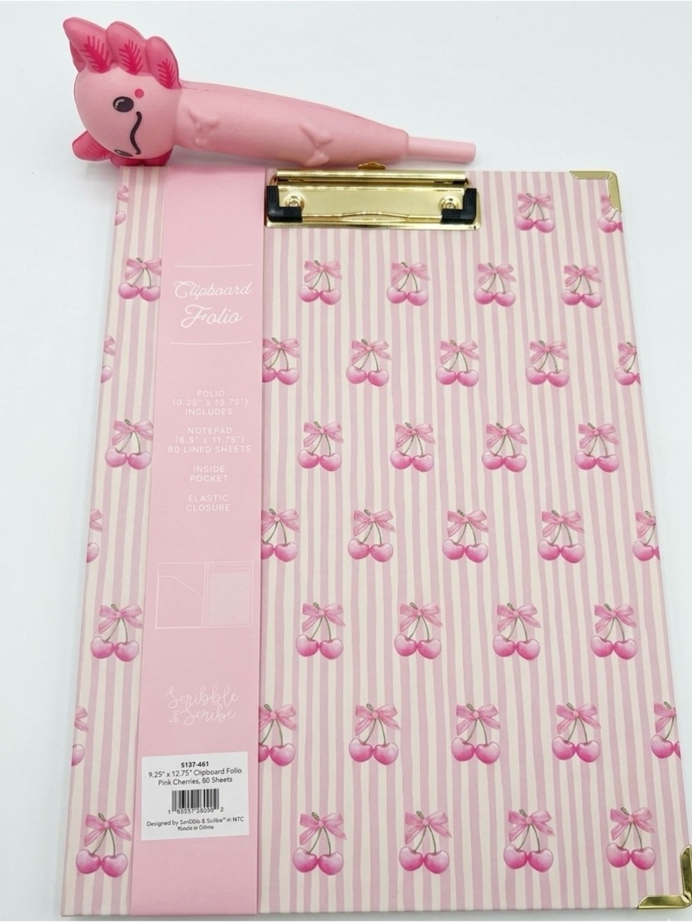 Pink Cherry Clipboard Folio Notepad Organizer 80 Sheets Gold Clip